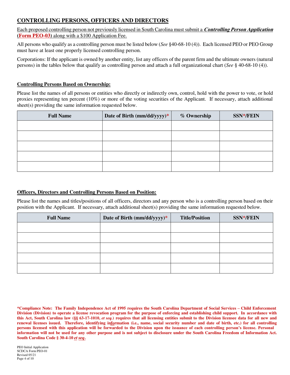 SCDCA Form PEO-01 Professional Employer Organization Initial License Application - South Carolina, Page 4