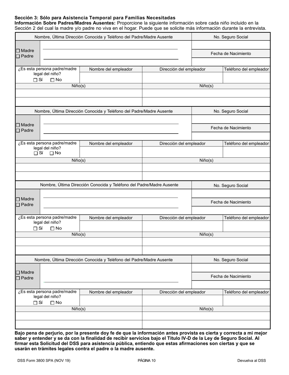 DSS Formulario 3800 SPA Solicitud De Asistencia Temporal Para Familias Necesitadas (TANF) / Solicitud De Programa De Asistencia Nutricional Suplementaria (Snap) / Solicitud De Asistencia Con Dinero En Efectivo Para Refugiados (Rca) - South Carolina (Spanish), Page 10