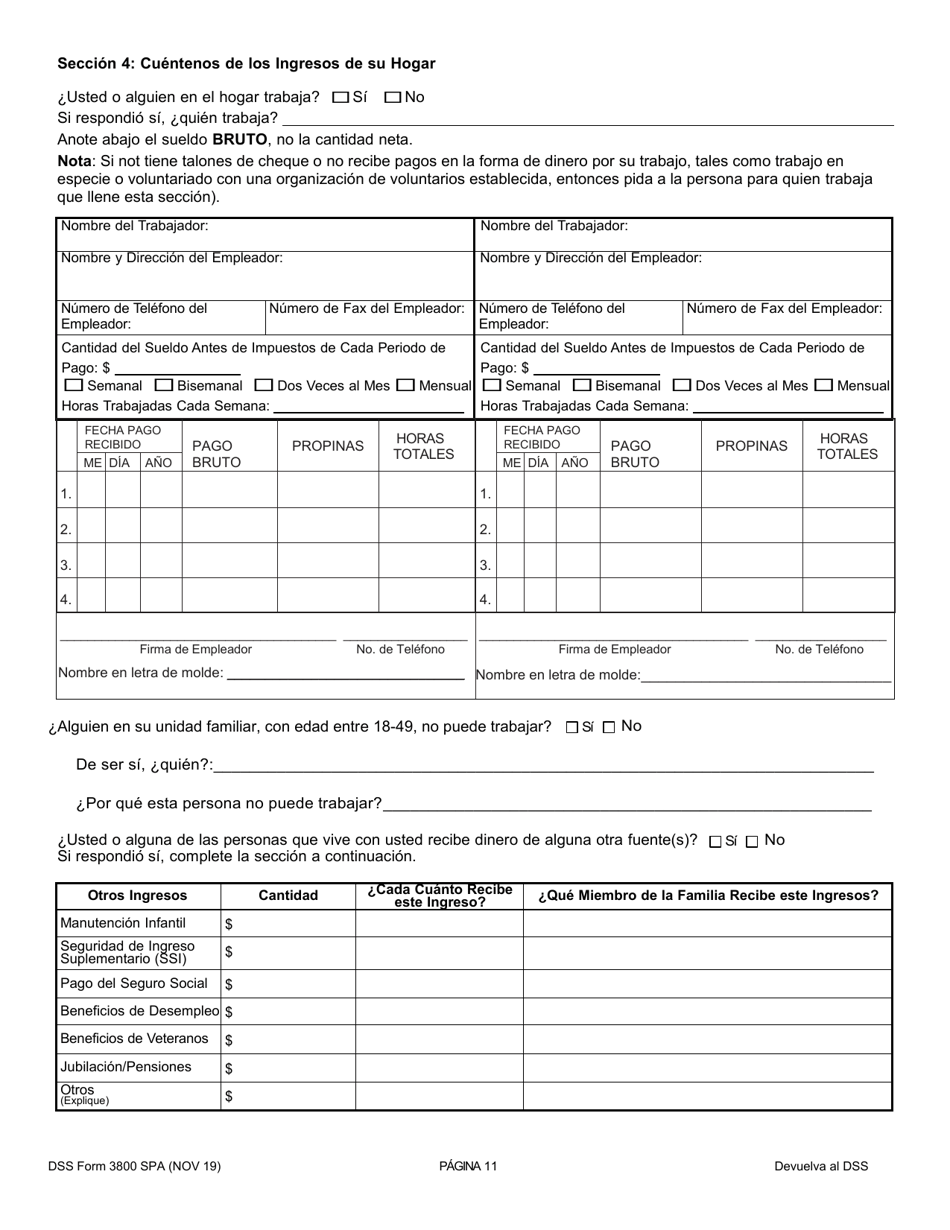 DSS Formulario 3800 SPA Solicitud De Asistencia Temporal Para Familias Necesitadas (TANF) / Solicitud De Programa De Asistencia Nutricional Suplementaria (Snap) / Solicitud De Asistencia Con Dinero En Efectivo Para Refugiados (Rca) - South Carolina (Spanish), Page 11