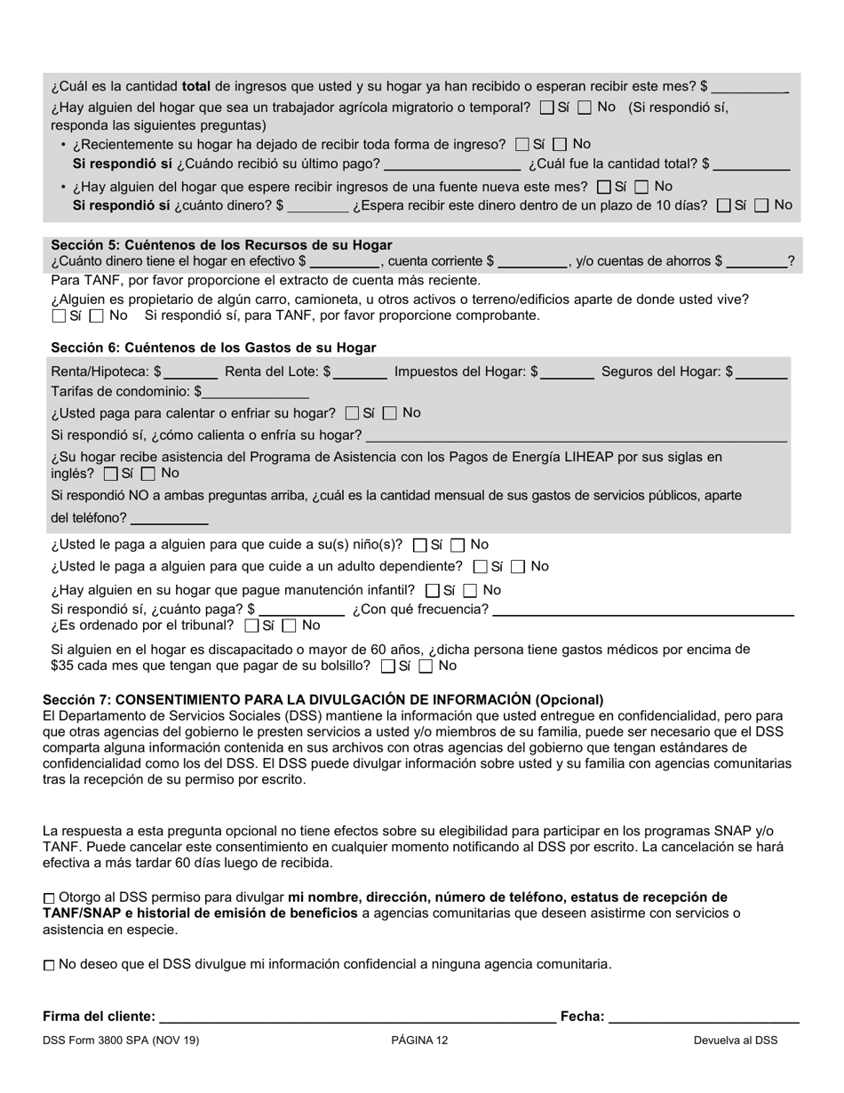 DSS Formulario 3800 SPA Solicitud De Asistencia Temporal Para Familias Necesitadas (TANF) / Solicitud De Programa De Asistencia Nutricional Suplementaria (Snap) / Solicitud De Asistencia Con Dinero En Efectivo Para Refugiados (Rca) - South Carolina (Spanish), Page 12