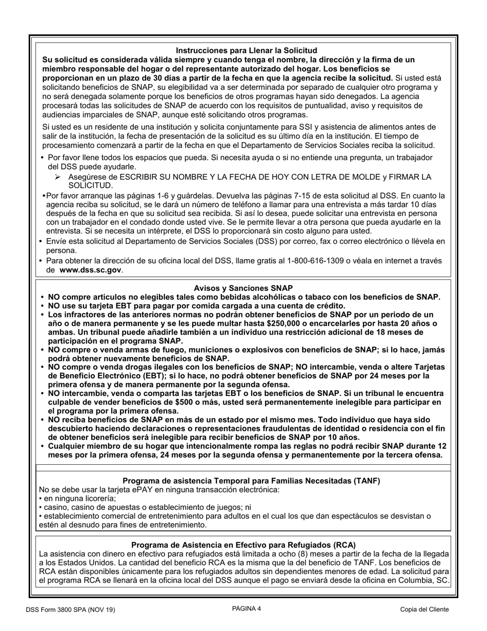 DSS Formulario 3800 SPA Solicitud De Asistencia Temporal Para Familias Necesitadas (TANF) / Solicitud De Programa De Asistencia Nutricional Suplementaria (Snap) / Solicitud De Asistencia Con Dinero En Efectivo Para Refugiados (Rca) - South Carolina (Spanish), Page 4