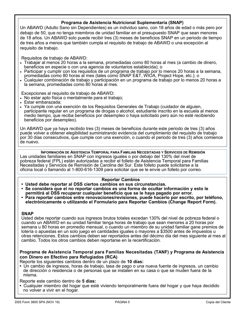 DSS Formulario 3800 SPA Solicitud De Asistencia Temporal Para Familias Necesitadas (TANF) / Solicitud De Programa De Asistencia Nutricional Suplementaria (Snap) / Solicitud De Asistencia Con Dinero En Efectivo Para Refugiados (Rca) - South Carolina (Spanish), Page 5