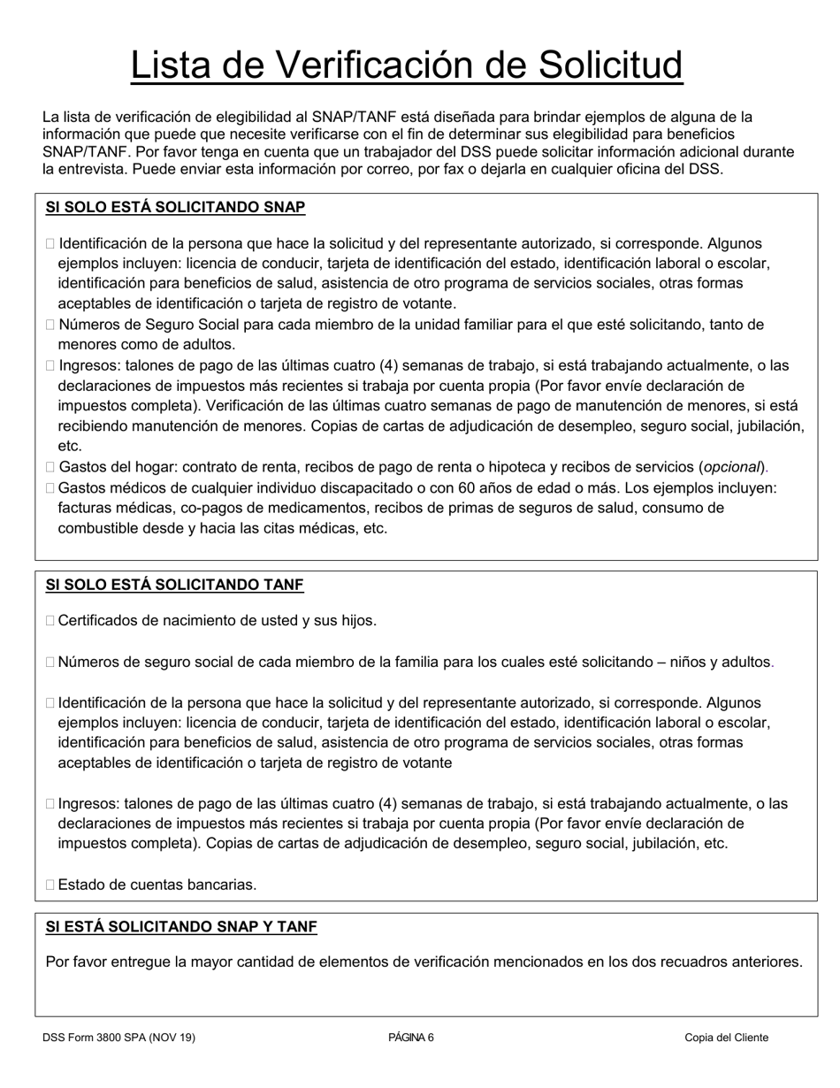 DSS Formulario 3800 SPA Solicitud De Asistencia Temporal Para Familias Necesitadas (TANF) / Solicitud De Programa De Asistencia Nutricional Suplementaria (Snap) / Solicitud De Asistencia Con Dinero En Efectivo Para Refugiados (Rca) - South Carolina (Spanish), Page 6