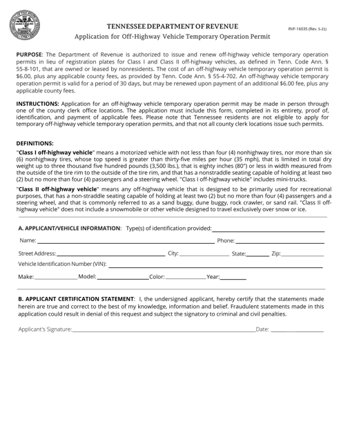 Form RVF-16035 Application for Off-Highway Vehicle Temporary Operation Permit - Tennessee