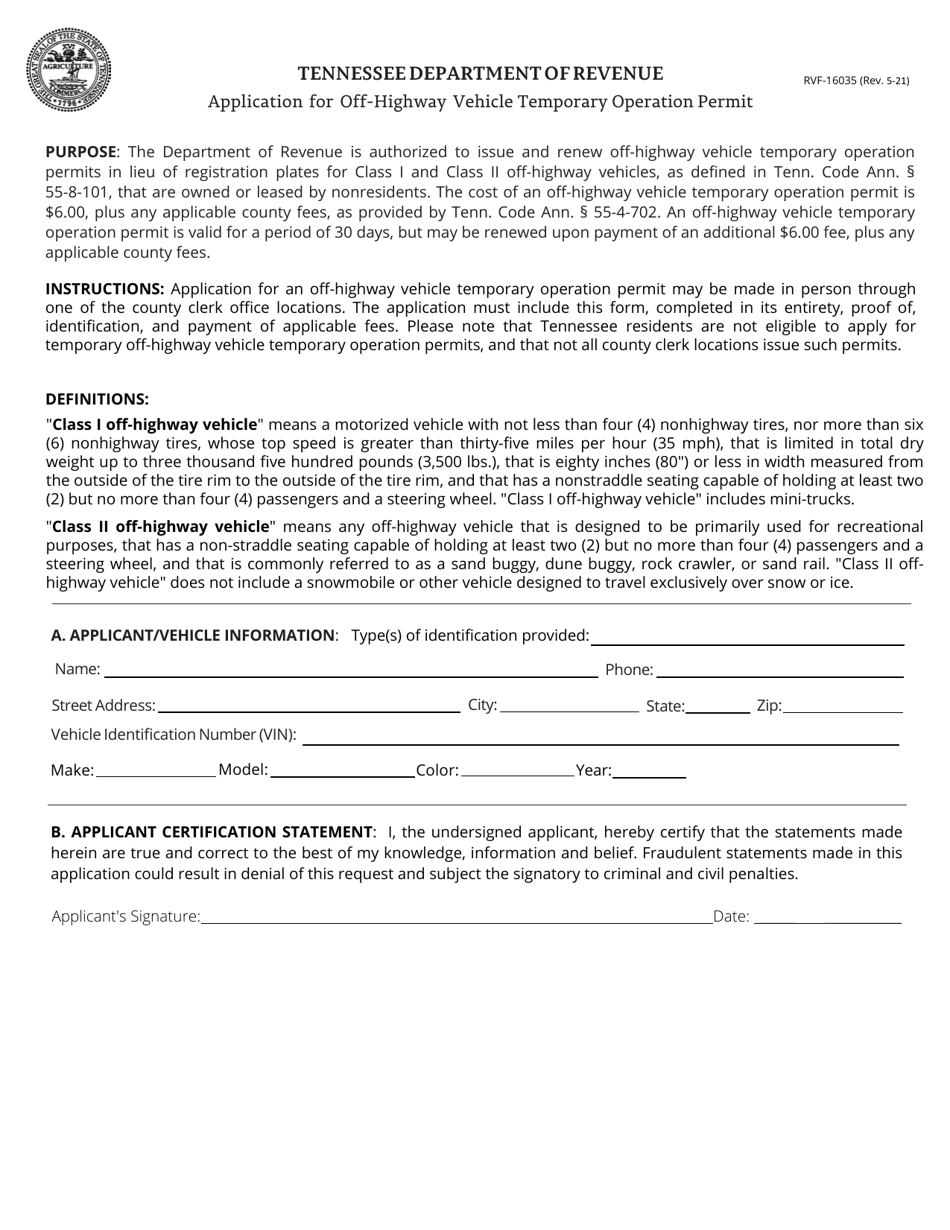 Form RVF-16035 Application for Off-Highway Vehicle Temporary Operation Permit - Tennessee, Page 1