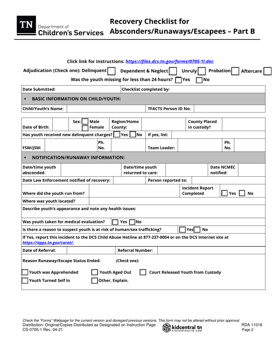 Form CS-0705-1 Part B Recovery Checklist for Absconders / Runaways / Escapees - Tennessee, Page 1