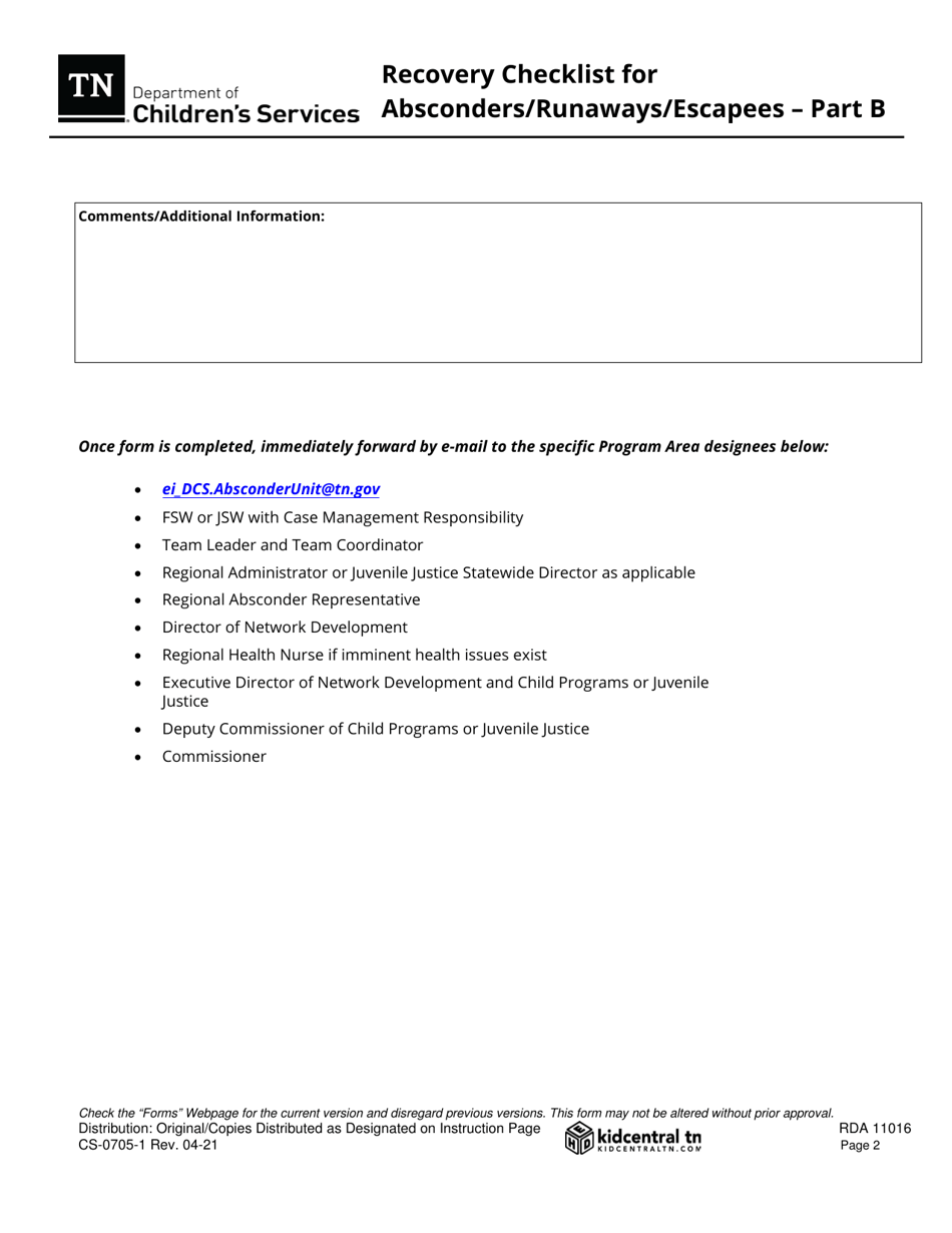 Form CS-0705-1 Part B Recovery Checklist for Absconders / Runaways / Escapees - Tennessee, Page 2