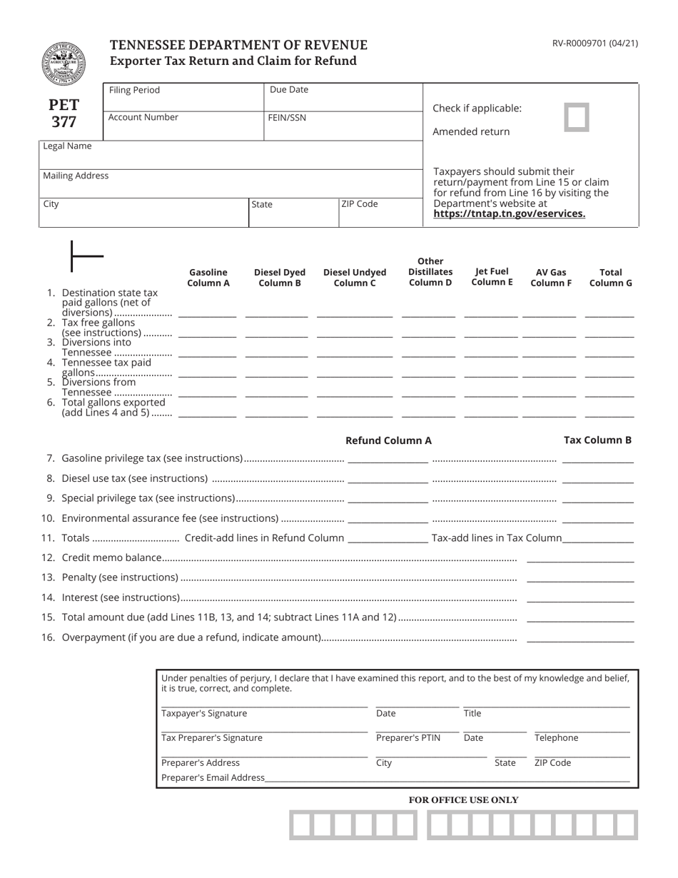 Form PET377 (RV-R0009701) Exporter Tax Return and Claim for Refund - Tennessee, Page 1