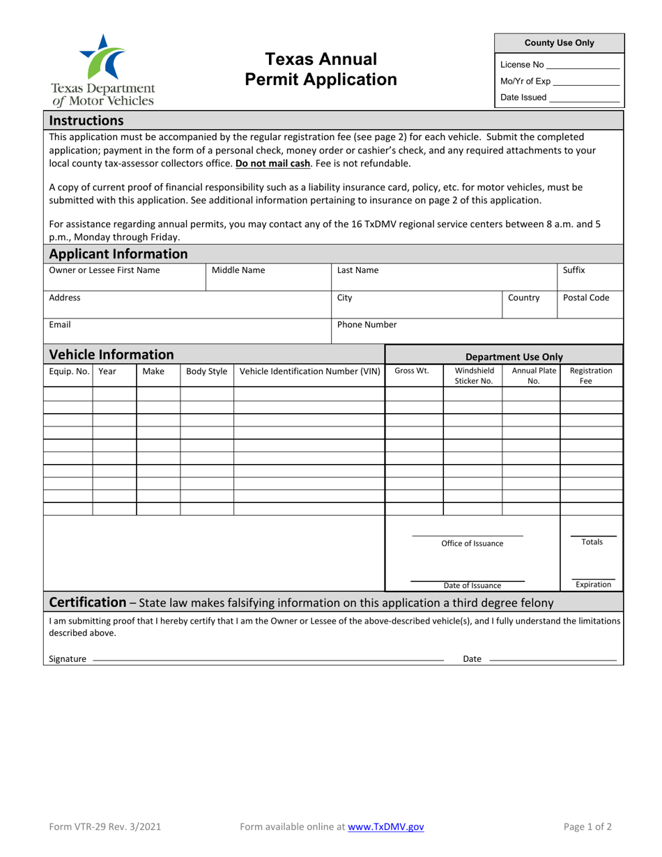 Form VTR-29 Texas Annual Permit Application - Texas, Page 1