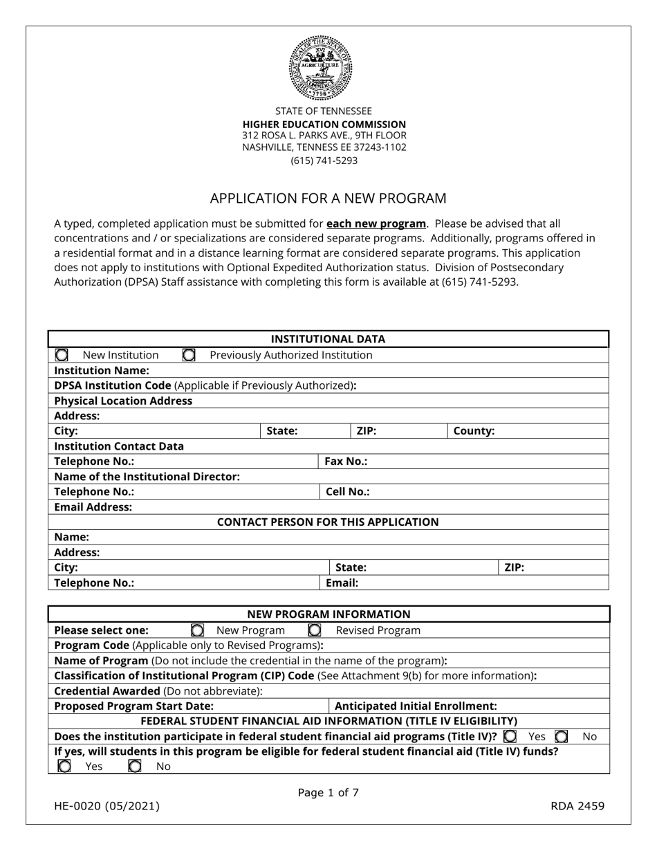 Form HE-0020 Application for a New Program - Tennessee, Page 1