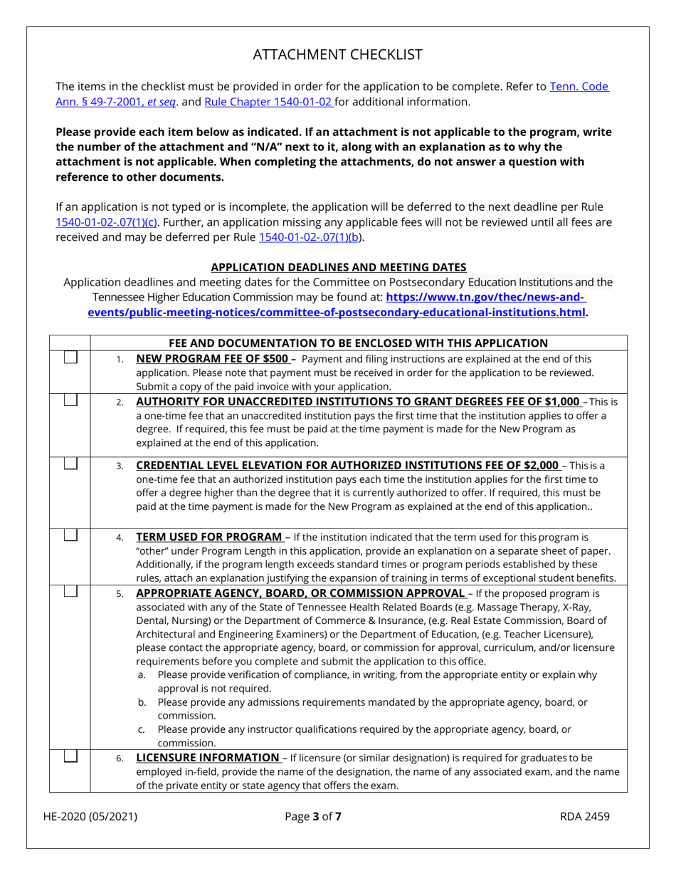 Form HE-0020 Application for a New Program - Tennessee, Page 3