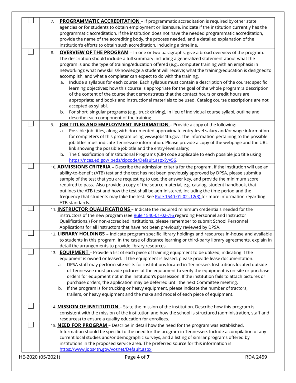 Form HE-0020 Application for a New Program - Tennessee, Page 4