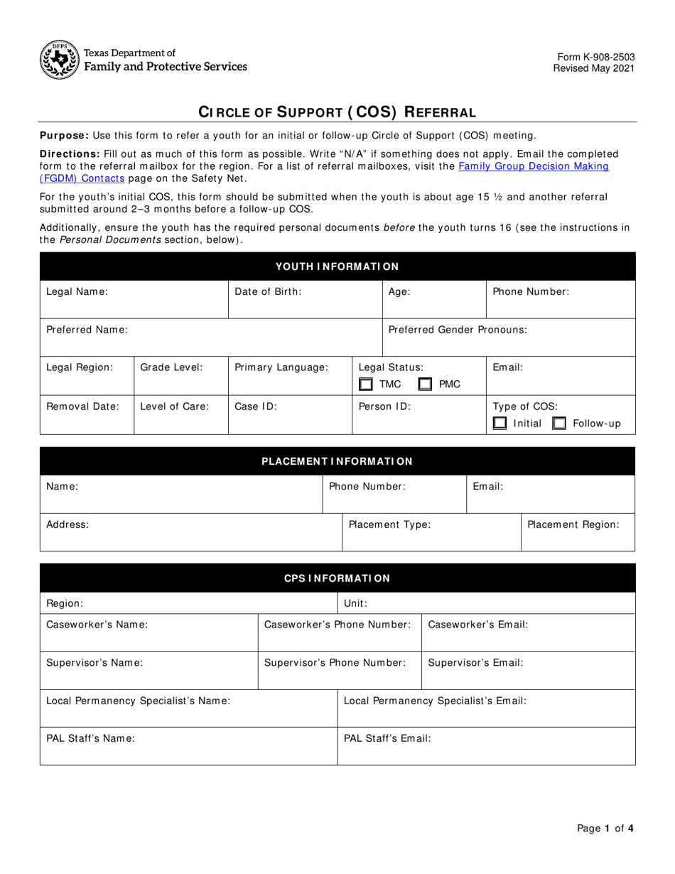 Form K-908-2503 Circle of Support (Cos) Referral - Texas, Page 1