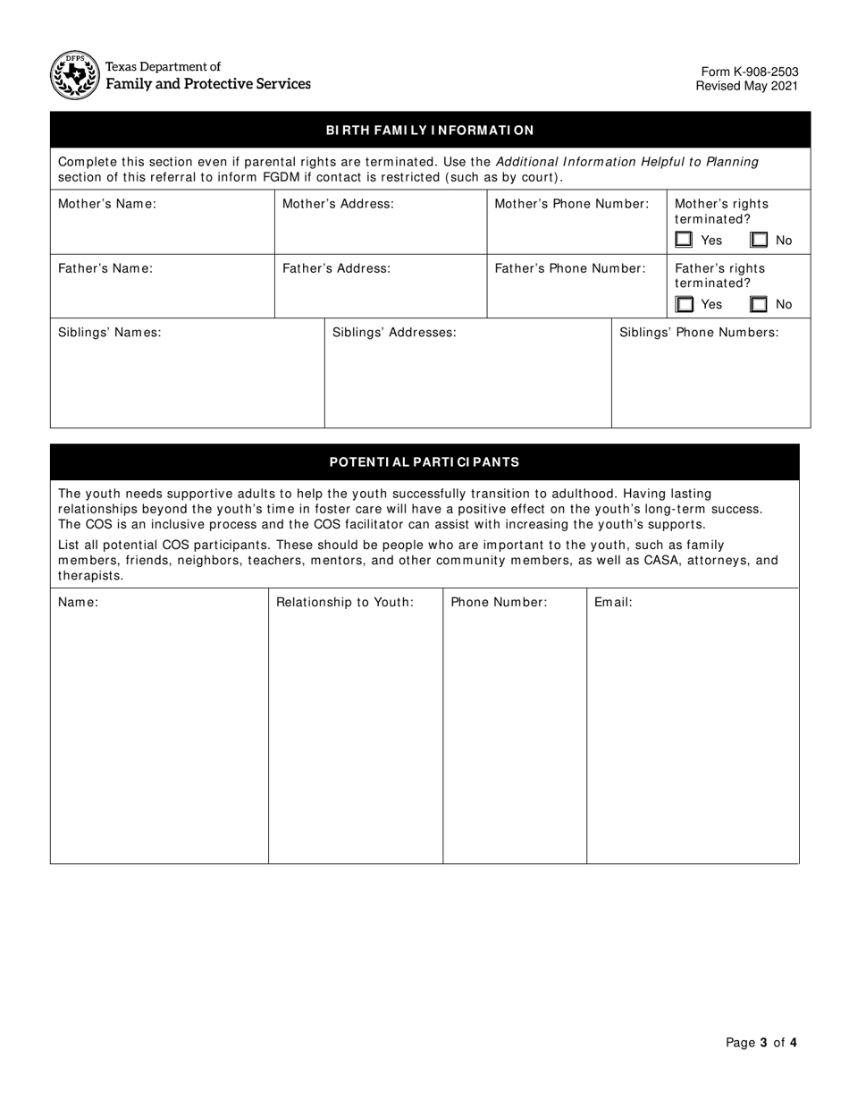 Form K-908-2503 Circle of Support (Cos) Referral - Texas, Page 3