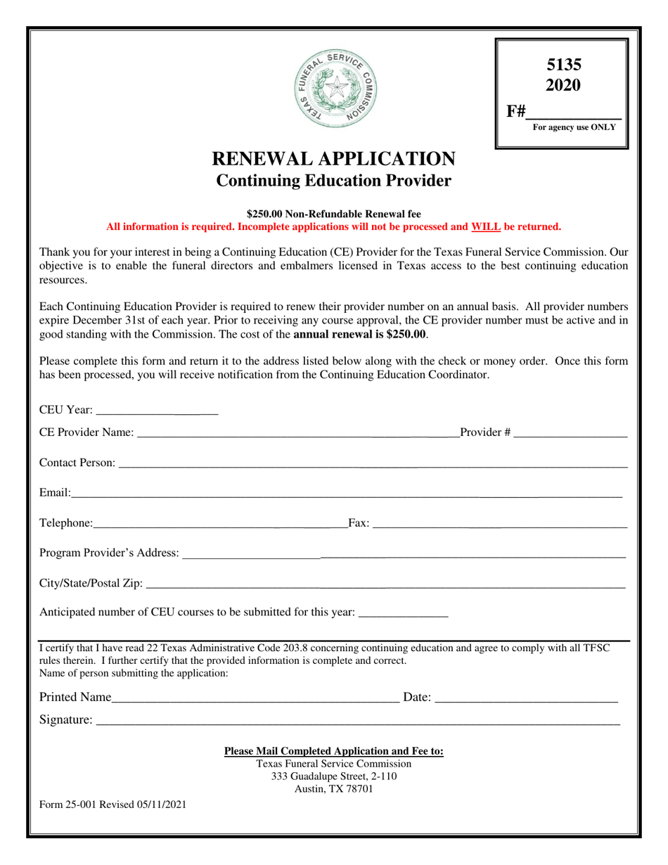 Form 25-001 Renewal Application - Continuing Education Provider - Texas, Page 1