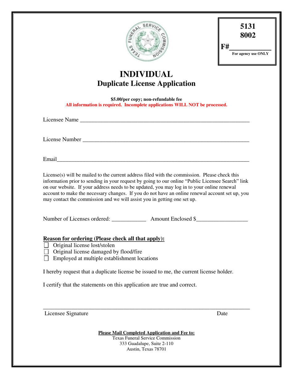 Individual Duplicate License Application - Texas, Page 1