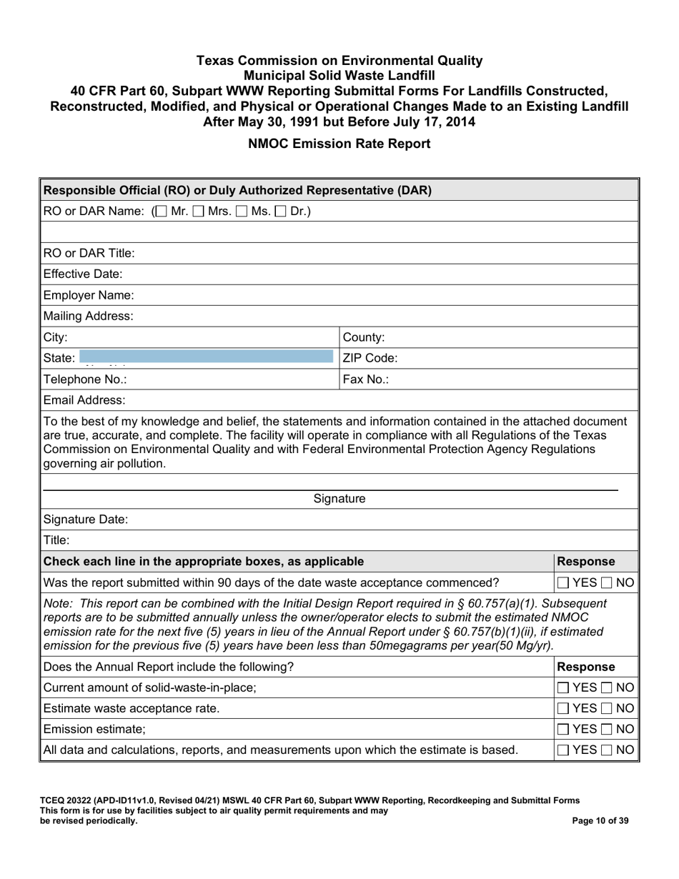 Form TCEQ-20322 Download Fillable PDF Or Fill Online Mswfl 40 Cfr Part ...