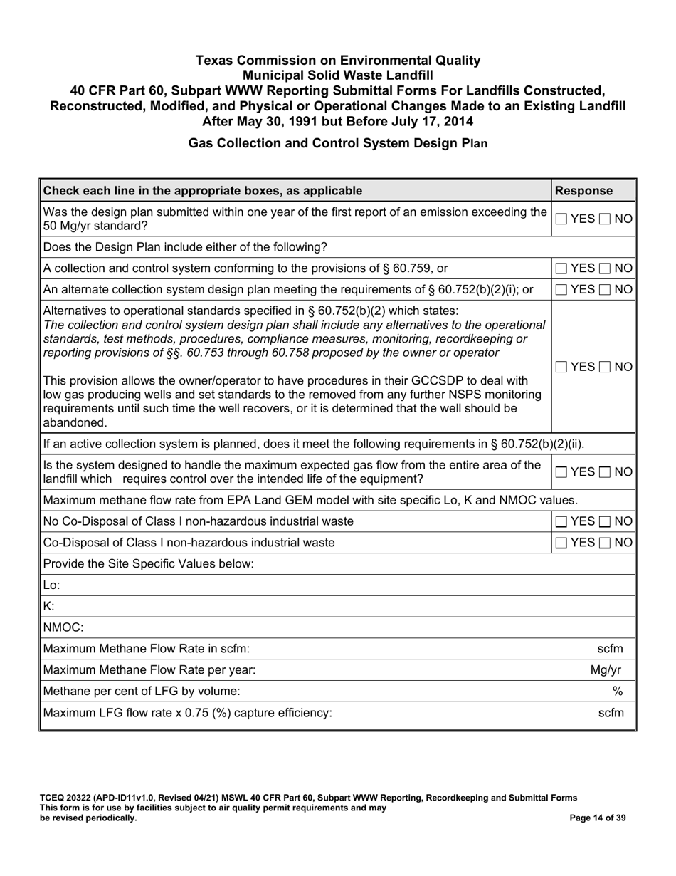 Form TCEQ-20322 Mswfl 40 Cfr Part 60, Subpart Www Reporting Submittal Form - Texas, Page 14