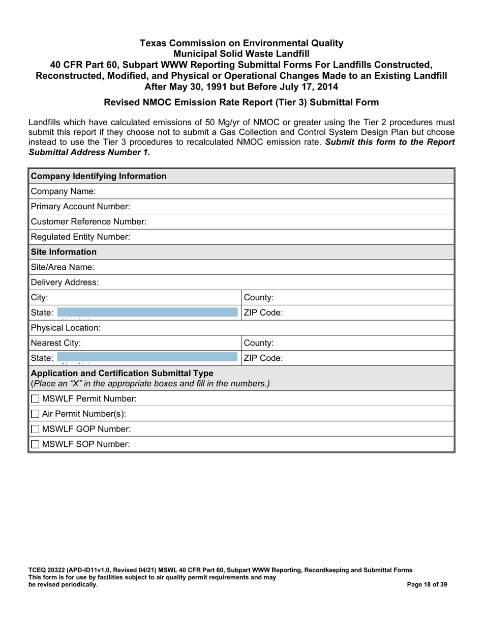 Form TCEQ-20322 Mswfl 40 Cfr Part 60, Subpart Www Reporting Submittal Form - Texas, Page 18