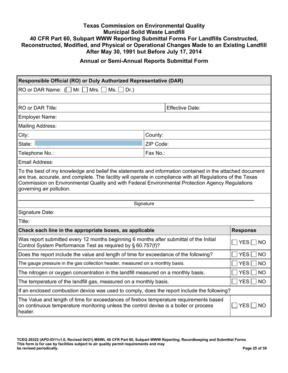 Form TCEQ-20322 Mswfl 40 Cfr Part 60, Subpart Www Reporting Submittal Form - Texas, Page 25