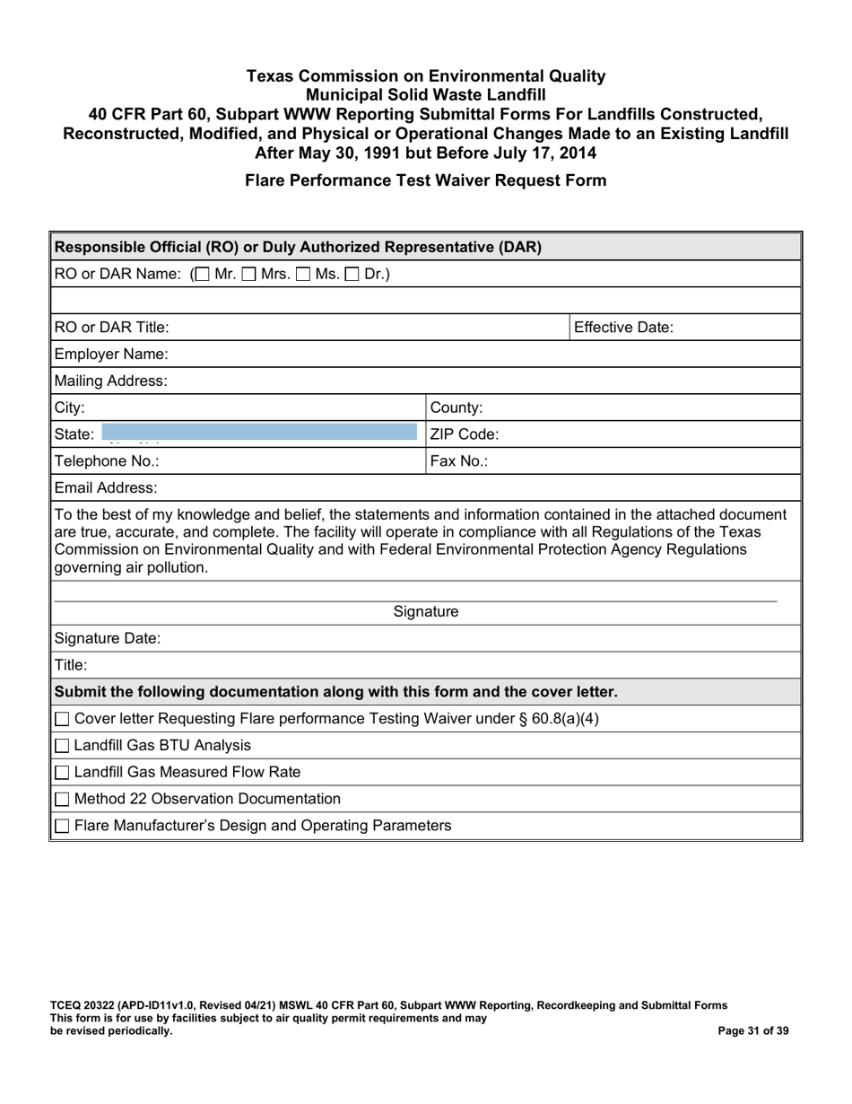 Form TCEQ-20322 Mswfl 40 Cfr Part 60, Subpart Www Reporting Submittal Form - Texas, Page 31