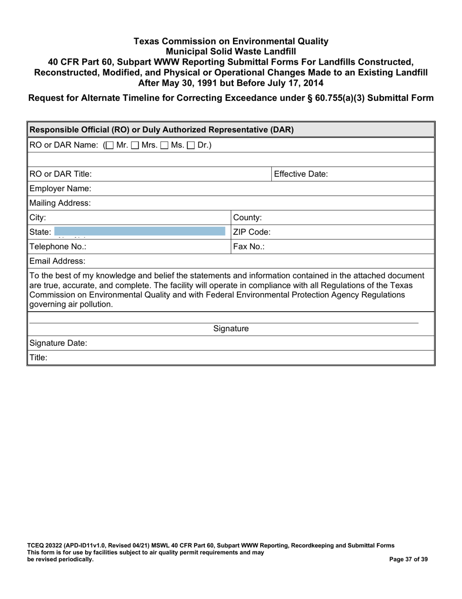 Form TCEQ-20322 Mswfl 40 Cfr Part 60, Subpart Www Reporting Submittal Form - Texas, Page 37