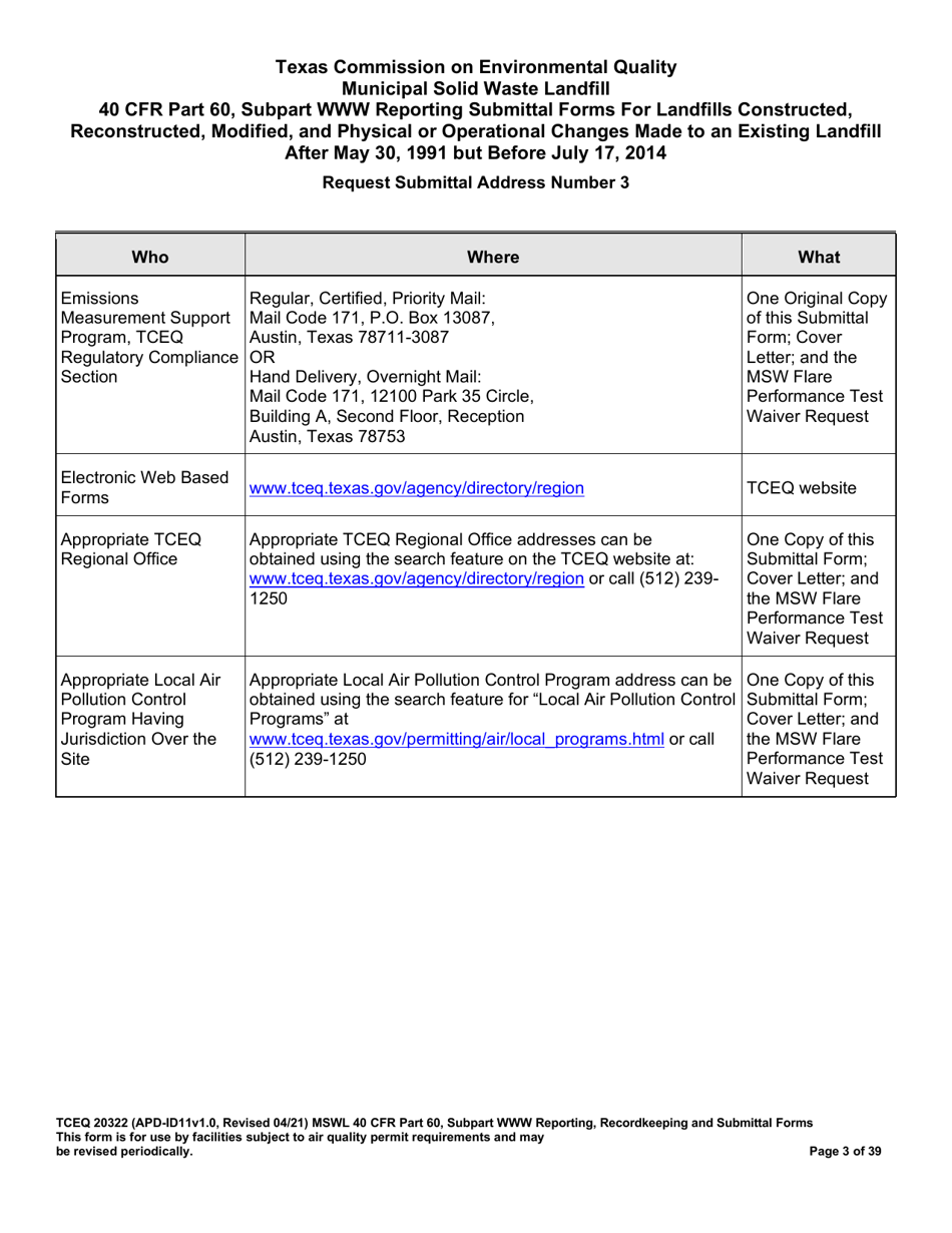 Form TCEQ-20322 Mswfl 40 Cfr Part 60, Subpart Www Reporting Submittal Form - Texas, Page 3