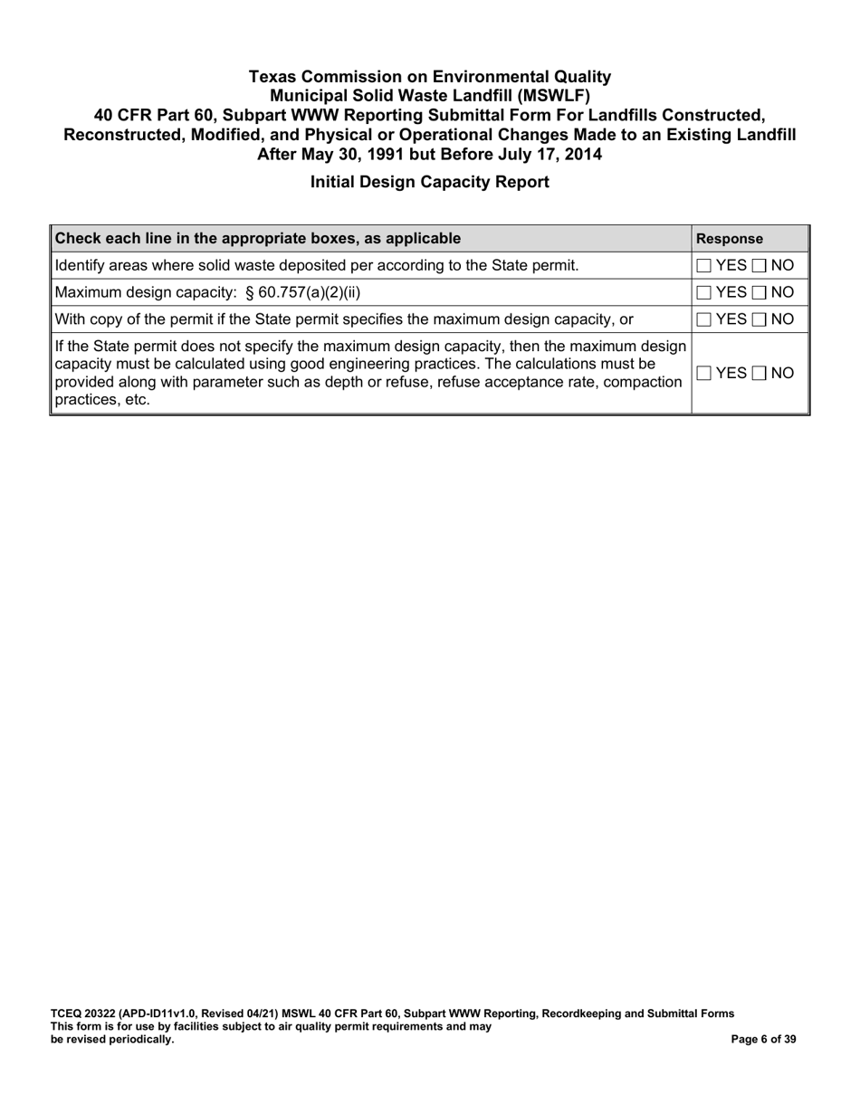 Form TCEQ-20322 Mswfl 40 Cfr Part 60, Subpart Www Reporting Submittal Form - Texas, Page 6