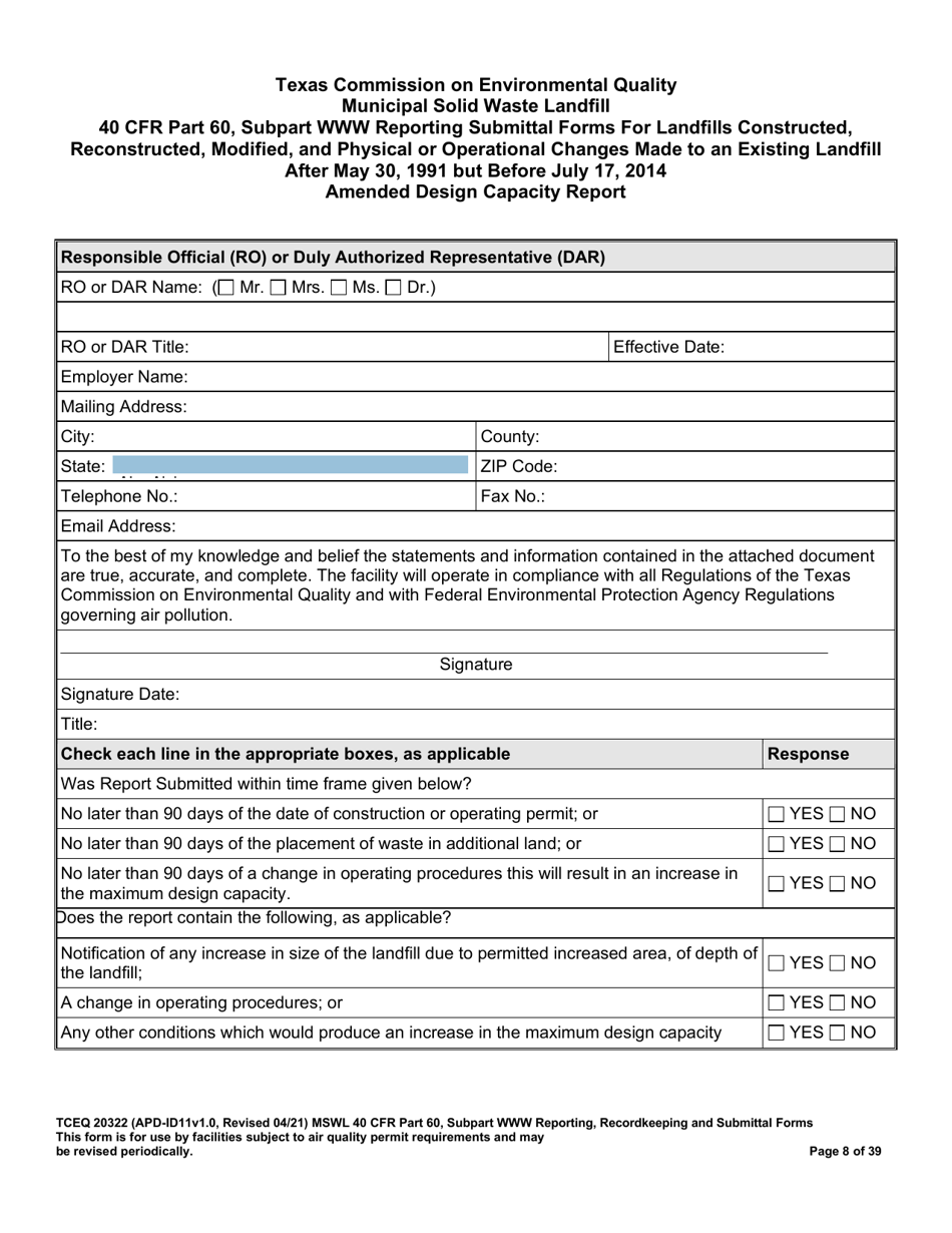 Form TCEQ-20322 Mswfl 40 Cfr Part 60, Subpart Www Reporting Submittal Form - Texas, Page 8