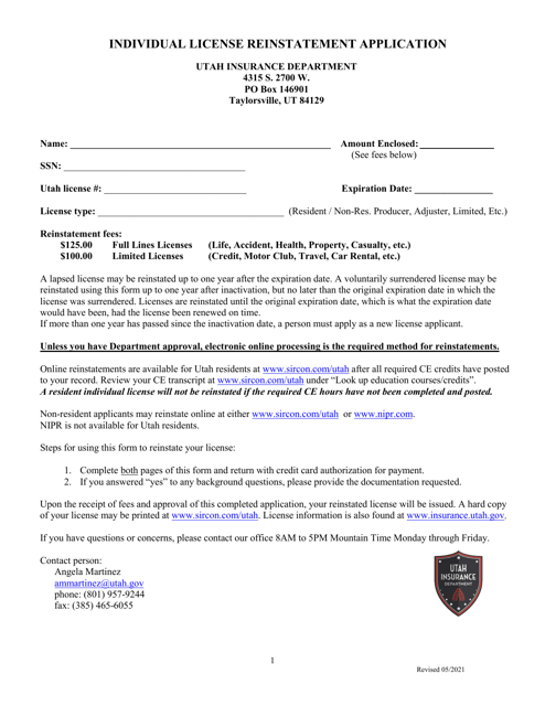Individual License Reinstatement Application - Utah
