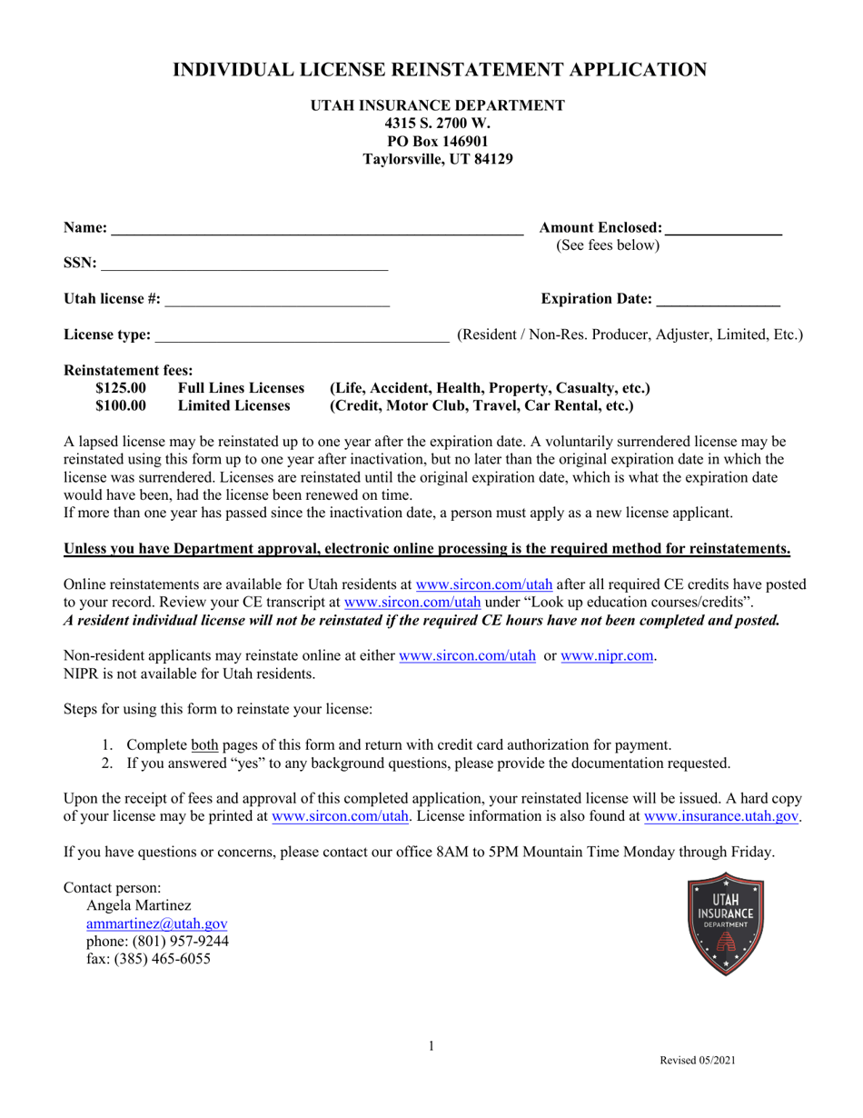 Individual License Reinstatement Application - Utah, Page 1