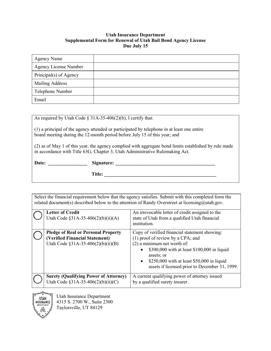 Supplemental Form for Renewal of Utah Bail Bond Agency License - Utah, Page 1