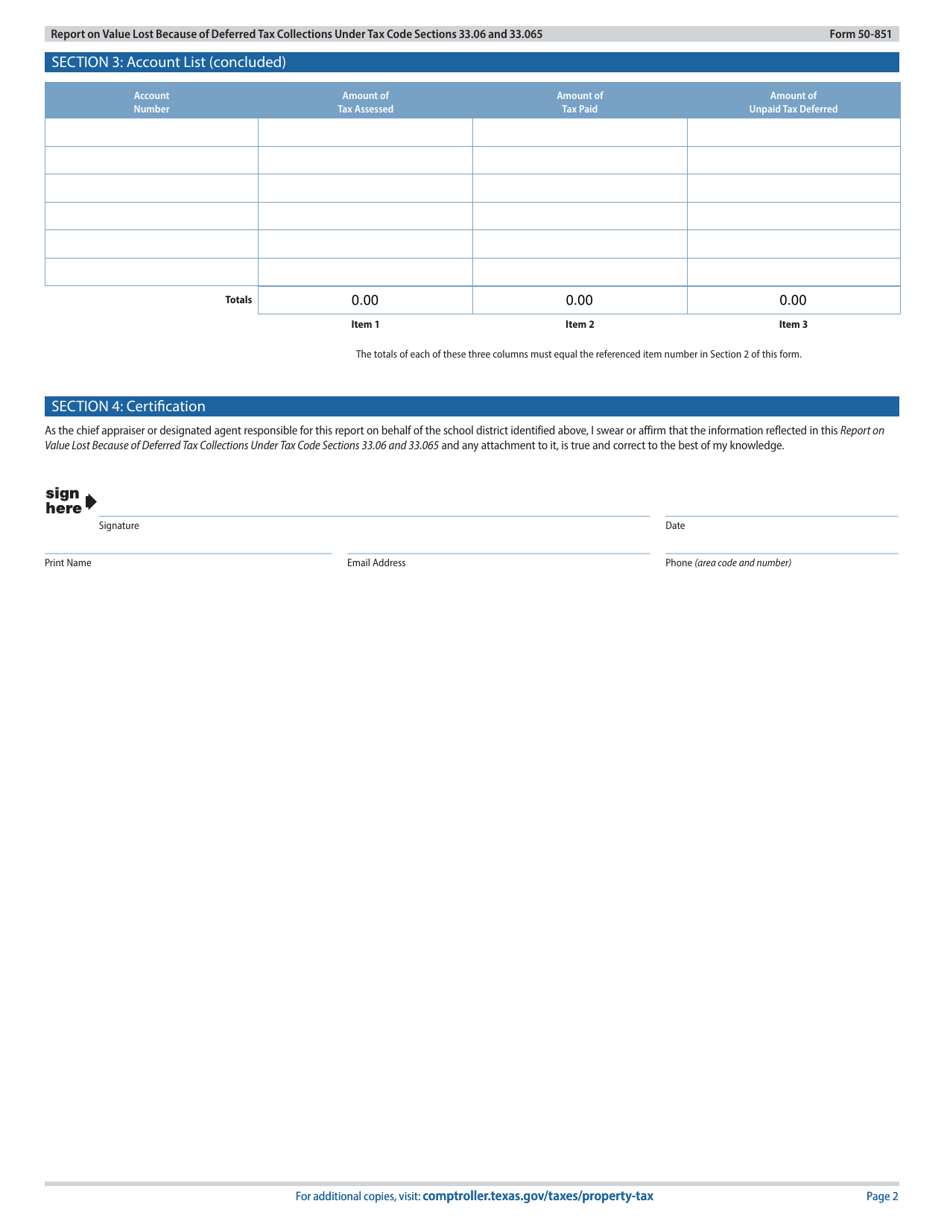 Form 50-851 Report on Value Lost Because of Deferred Tax Collections Under Tax Code Sections 33.06 and 33.065 - Texas, Page 2