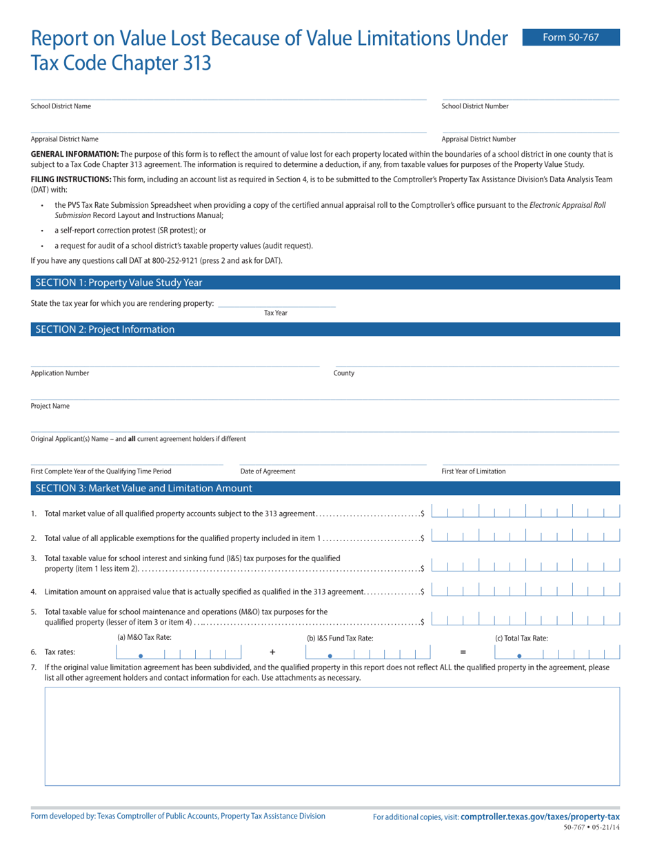 Form 50-767 Report on Value Lost Because of Value Limitations Under Tax Code Chapter 313 - Texas, Page 1