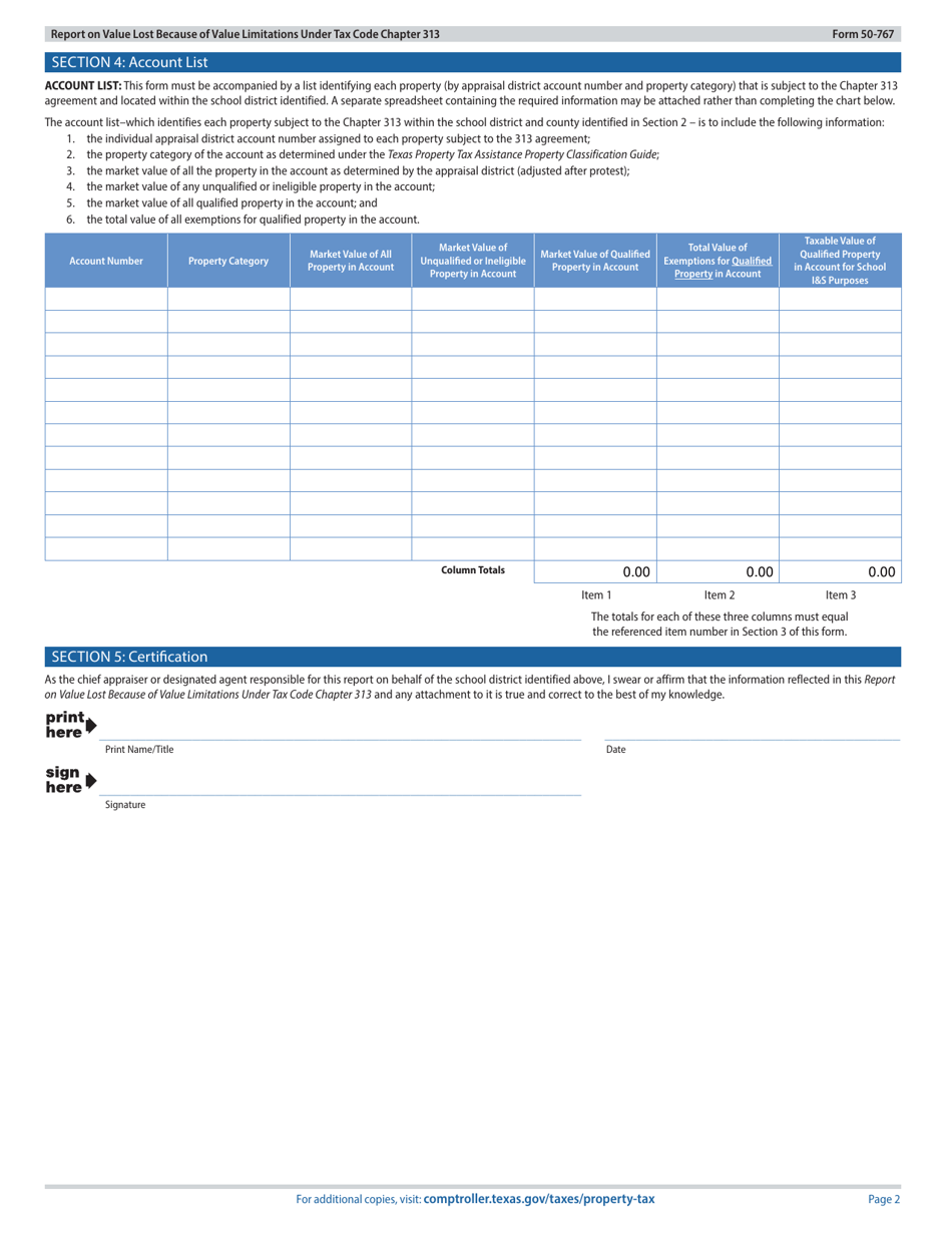 Form 50-767 Report on Value Lost Because of Value Limitations Under Tax Code Chapter 313 - Texas, Page 2