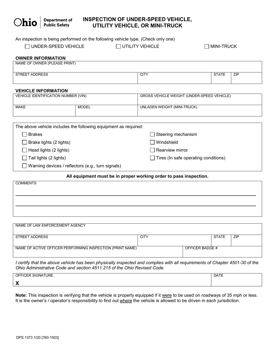 Form DPS1373 Inspection of Under-Speed Vehicle, Utility Vehicle, or Mini-Truck - Ohio, Page 1