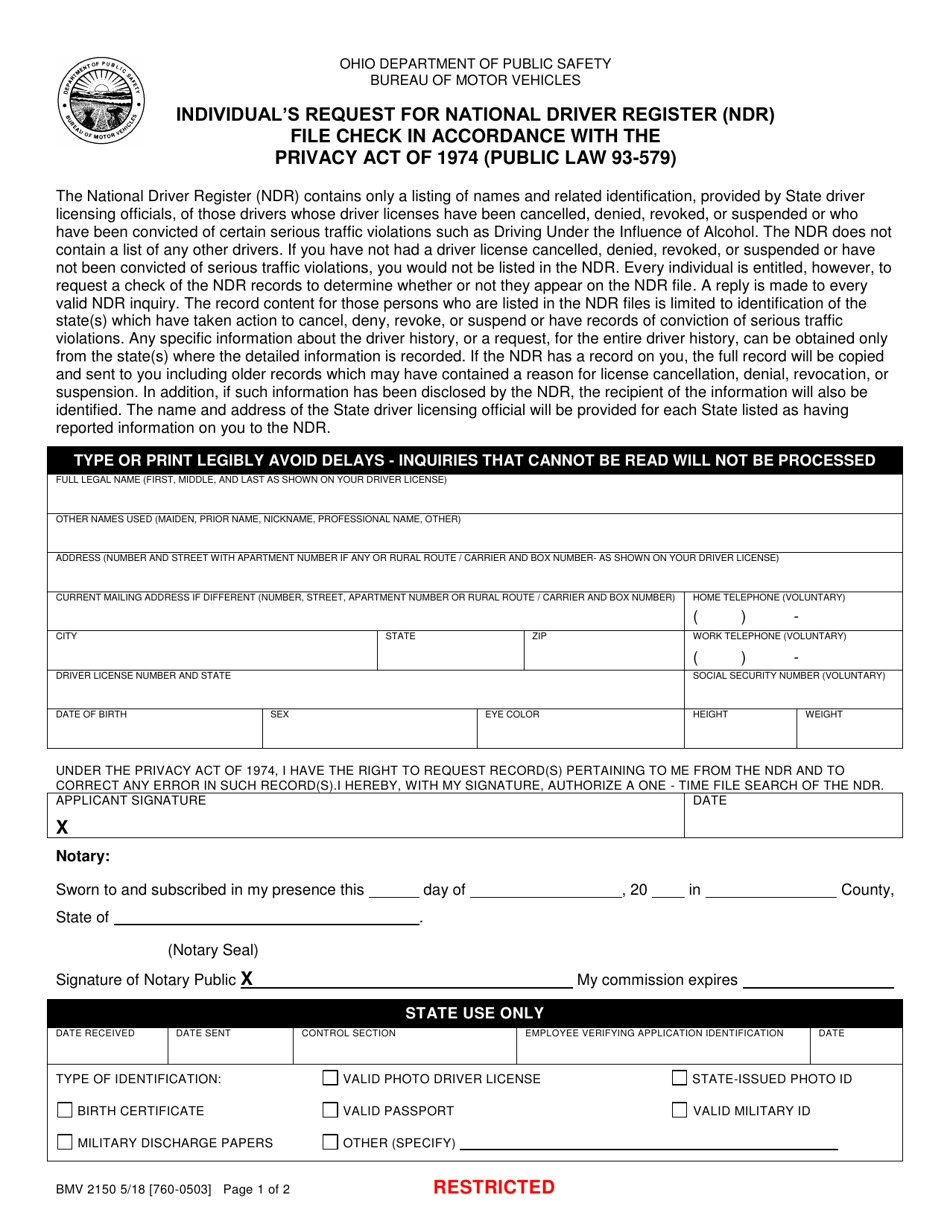 Form BMV2150 Individual's Request for National Driver Register (Ndr) File Check in Accordance With the Privacy Act of 1974 (Public Law 93-579) - Ohio, Page 1
