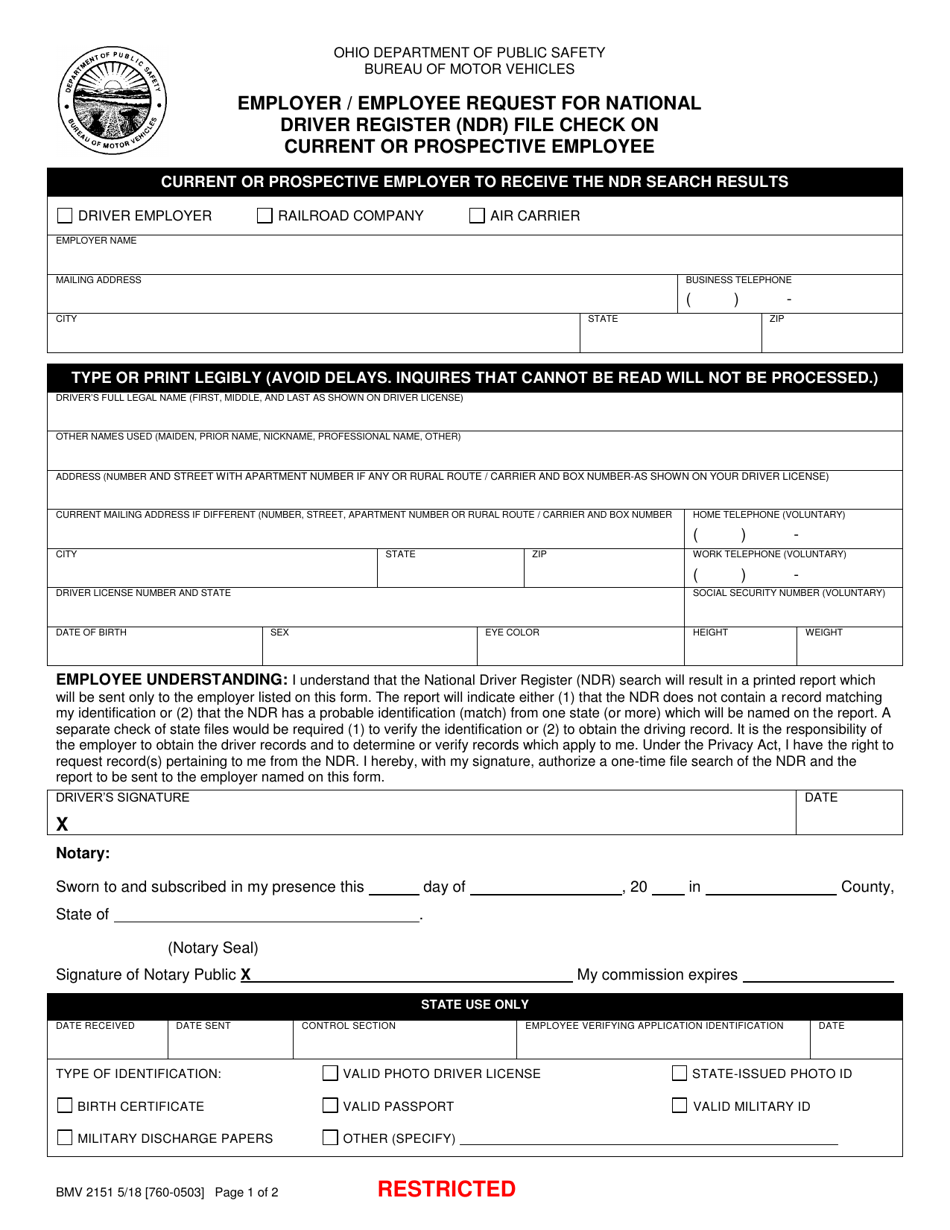 Form BMV2151 Employer/Employee Request for National Driver Register (Ndr) File Check on Current or Prospective Employee - Ohio, Page 1