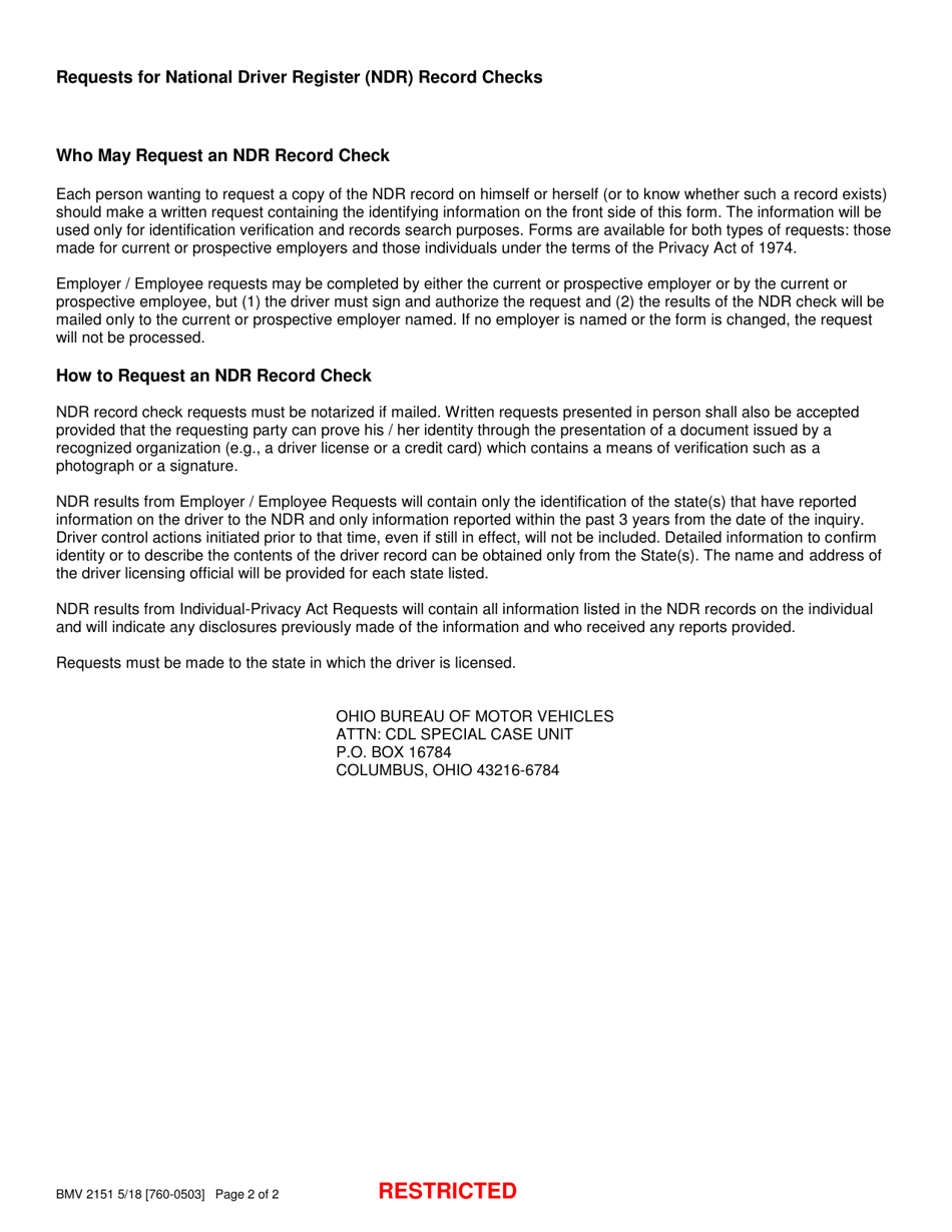 Form BMV2151 Employer / Employee Request for National Driver Register (Ndr) File Check on Current or Prospective Employee - Ohio, Page 2