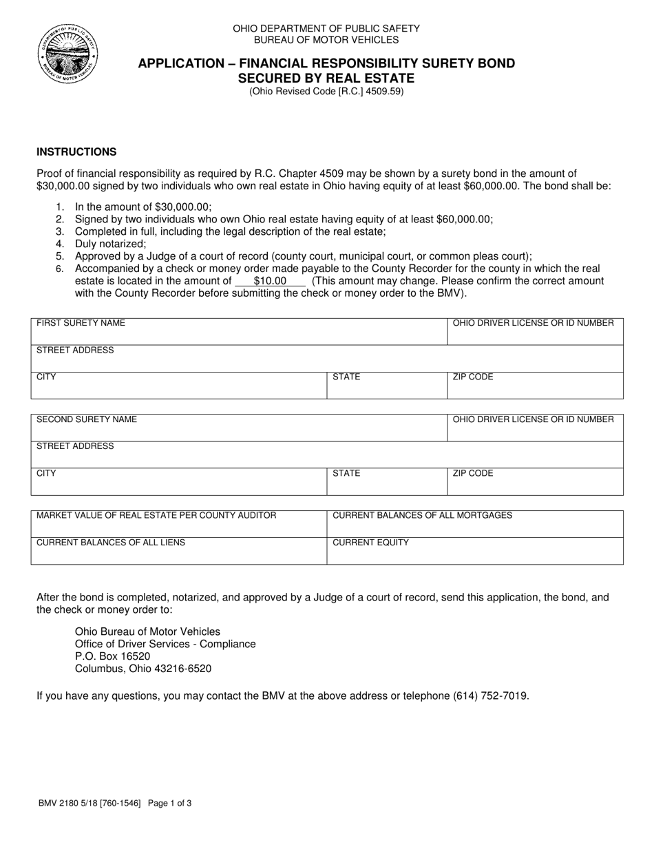 Form BMV2180 Application - Financial Responsibility Surety Bond Secured by Real Estate - Ohio, Page 1