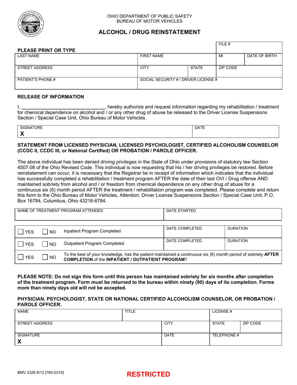 Form BMV2326 Alcohol / Drug Reinstatement - Ohio, Page 1