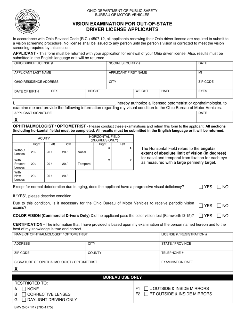 Form BMV2407 Vision Examination for Out-of-State Driver License Applicants - Ohio, Page 1