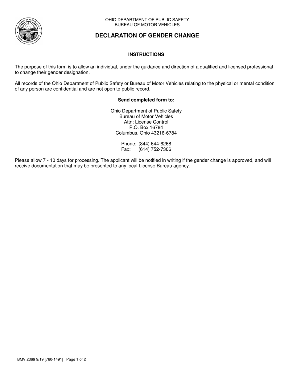 Form BMV2369 Fill Out, Sign Online and Download Printable PDF, Ohio