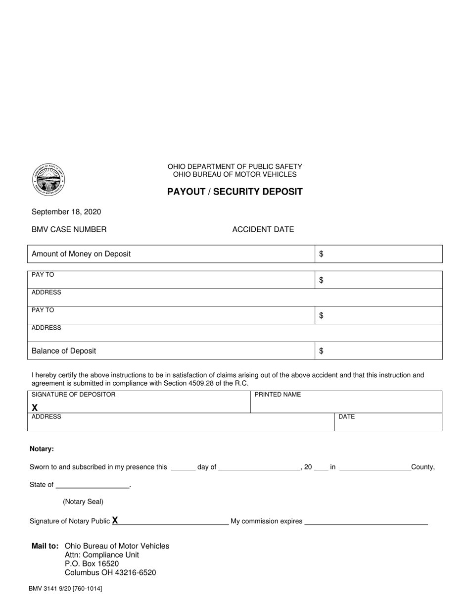Form BMV3141 Payout / Security Deposit - Ohio, Page 1