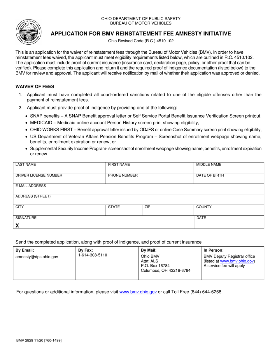 Form BMV2829 Application for Bmv Reinstatement Fee Amnesty Initiative - Ohio, Page 1