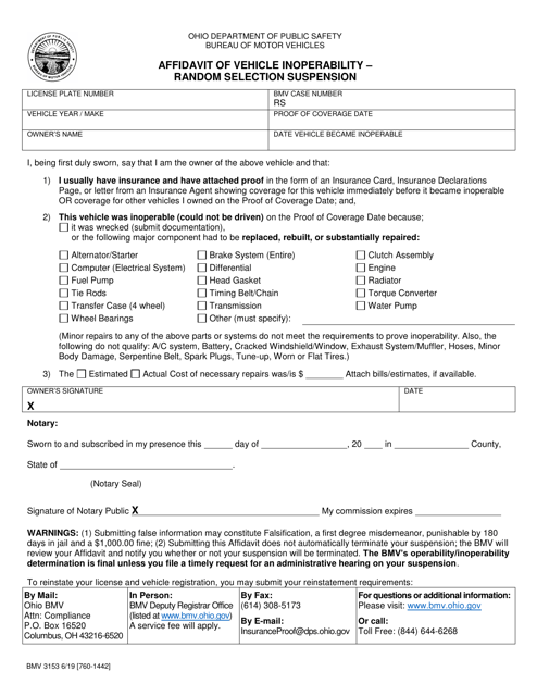 Form BMV3153 Affidavit of Vehicle Inoperability - Random Selection Suspension - Ohio