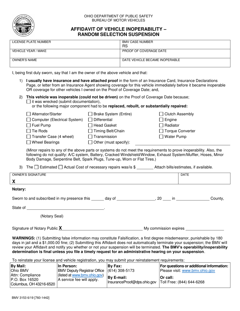 Form BMV3153 Affidavit of Vehicle Inoperability - Random Selection Suspension - Ohio, Page 1