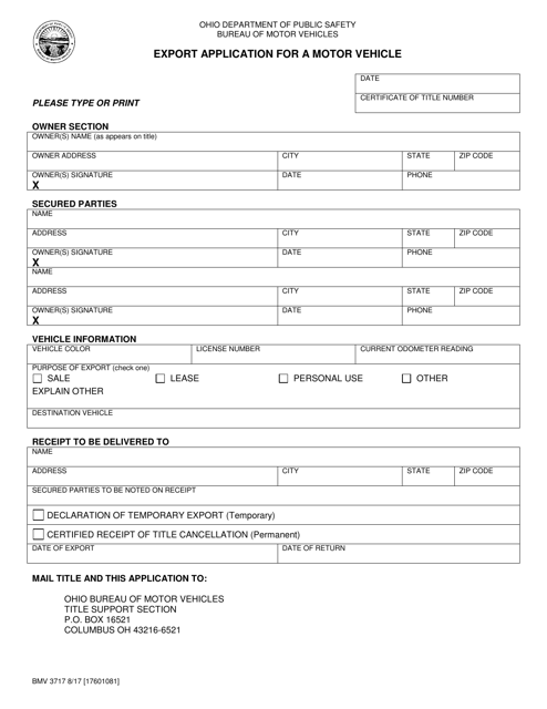 Form BMV3717 Export Application for a Motor Vehicle - Ohio