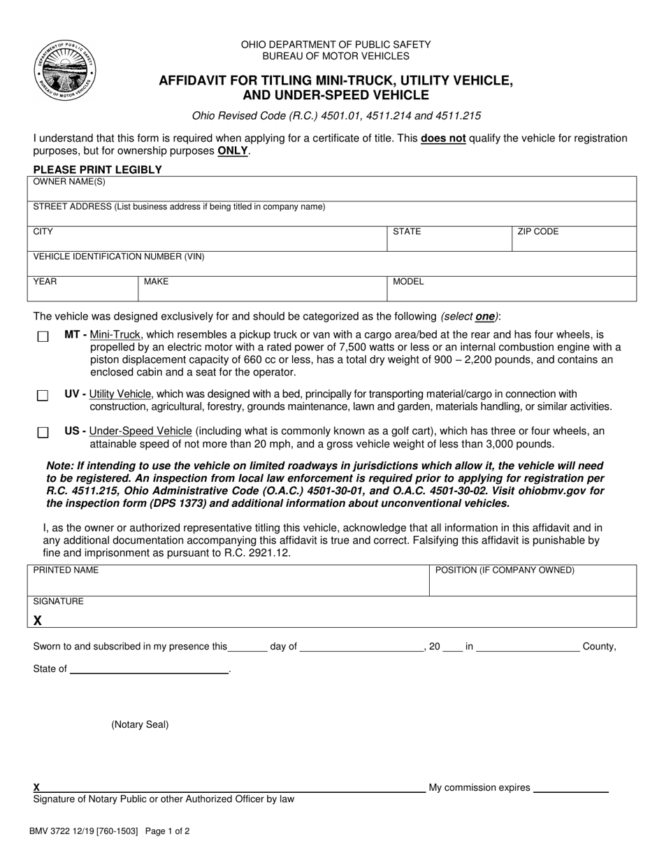 Form BMV3722 - Fill Out, Sign Online and Download Printable PDF, Ohio ...