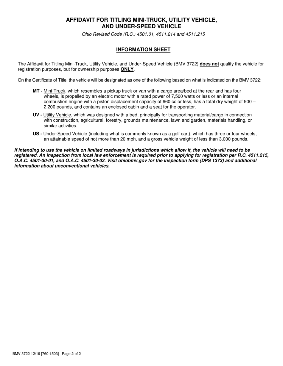 Form BMV3722 Affidavit for Titling Mini-Truck, Utility Vehicle, and Under-Speed Vehicle - Ohio, Page 2